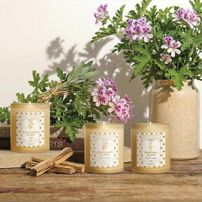 Set of 3 Energy Cleansing & Manifestation Smudge Candles - Palo Santo, White Sage, Citronella - Candle Pack for Home with 45-50 Hour Burn - Soy Wax Aromatherapy Spiritual Gift Set