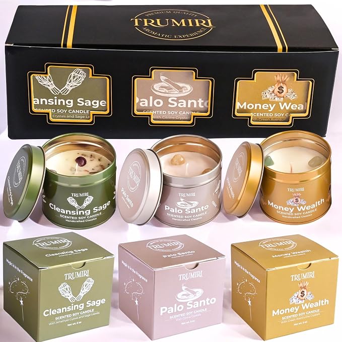 Cleansing Sage, Palo Santo, Money Wealth - Soy Candles Non Toxic - Highly Scented Long Lasting with Essential Oils - Variety Pack of 3 x 5oz - for Home Aromatherapy Meditation Gift Travel