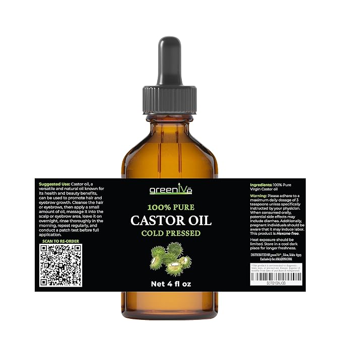 GreenIVe 100% Pure Castor Oil, 4 Fl oz | Cold-Pressed, USP Grade, Hair, Eyebrows, Eyelashes, Skin Moisturizer, Glass Bottle