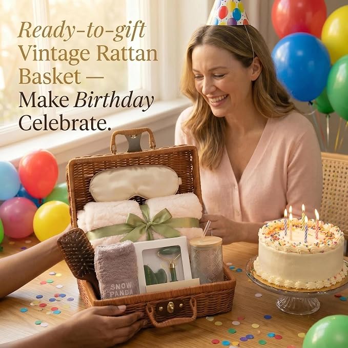 14-Piece Vintage Birthday Gift for Women, Relaxing Spa Care Package with Blanket, Glass Tumbler, Self-Care Gift Basket for Women, Wife, Sister, Best Friend