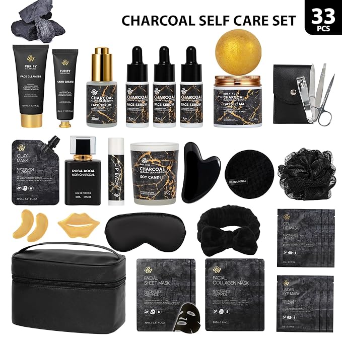 Gifts for Women & Men, 33pcs Fathers Day Gifts, Bath Gifts Baskets Set | Charcoal Hydrating Skin Care Gift Set, Home Spa Gifts Basket Set, Leather Bag, Anniversary, Birthday, Wife, Dad