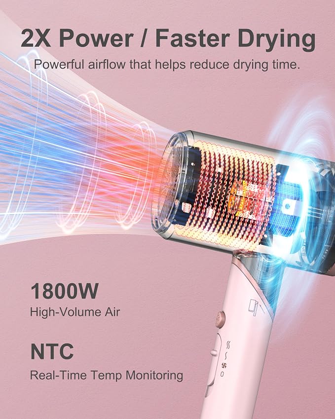 ANNLARY Hair Dryer with Comb | 1800W Blow Dryer with Diffuser for Curly Hair | Plasma Ionic Hairdryer for Frizz Control | Foldable & Protable Design for Travel | 6.5 ft ALCI Cord for Women and Men