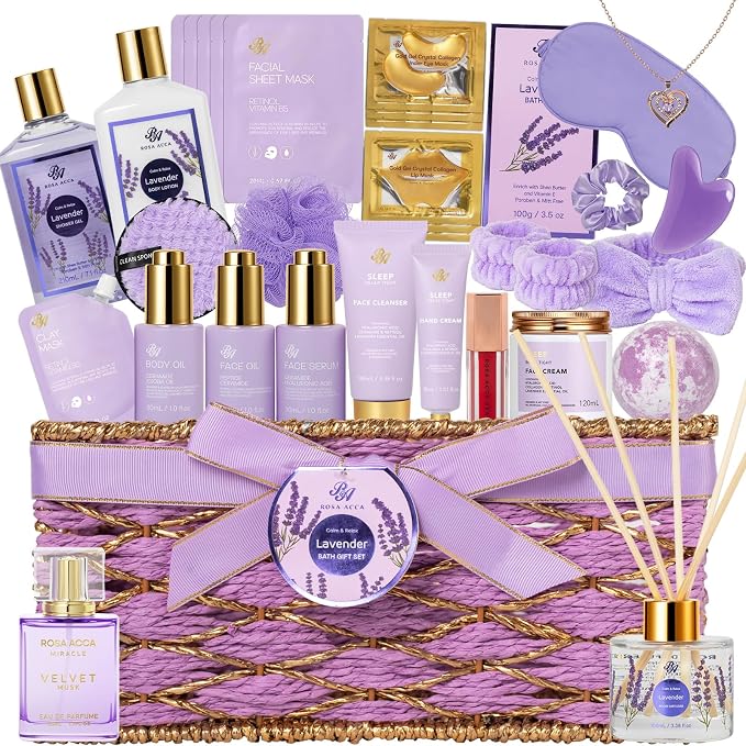 35 Pcs Mothers Day Gifts, Lavender Bath & Body Gift Basket for Women, Facial Skin Care Set, Home Spa Basket, Self-Care Set, Face Sheet Mask, Necklace, Birthday, Christmas,Anniversary