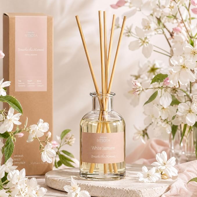 Natural Reed Diffuser Set, White Jasmine 3.52 oz (100ml) Scented Diffuser with Sticks Home Fragrance Reed Diffuser for Bathroom Shelf Decor, Ideal Gift for Woman