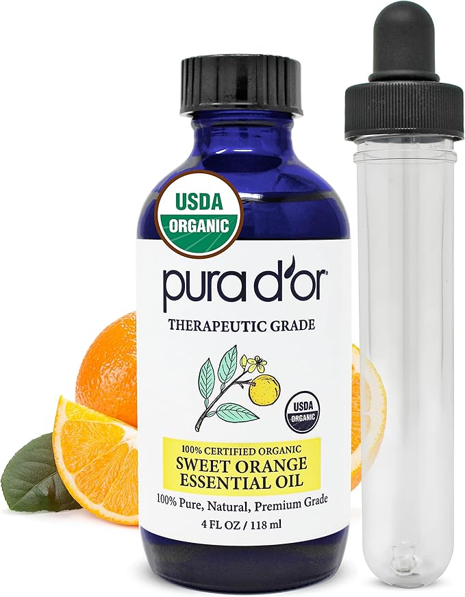 PURA D'OR Organic Sweet Orange Essential Oil (4oz with Glass Dropper) 100% Pure & Natural Therapeutic Grade for Hair, Body, Skin, Scalp, Aromatherapy Diffuser, Energy, Mood, Vitality, Cleansing, Home