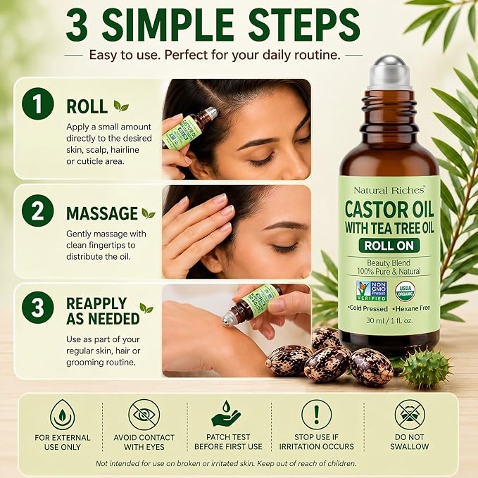 Natural Riches Castor Oil with Tea Tree Oil – Glass Roll-On Bottle for Hair Growth, Eyelashes & Eyebrows – Cold Pressed, 100% Pure, Scalp Care for Dry, Itchy Scalp – Travel Size Roller 1 fl oz.