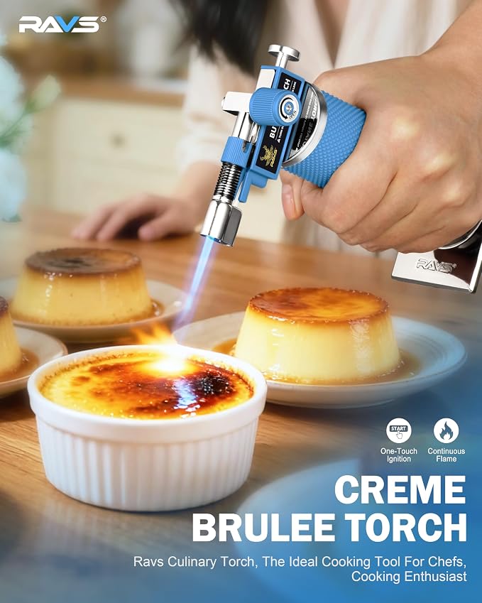RAVS DUAL Flame Mode Butane Torch, Refillable Kitchen Torch Lighter for Creme Brulee, BBQ, DIY Soldering with Adjustable Flame & Safety Buckle, Metal Body, Blue Soldering Torch, Butane is Not Included