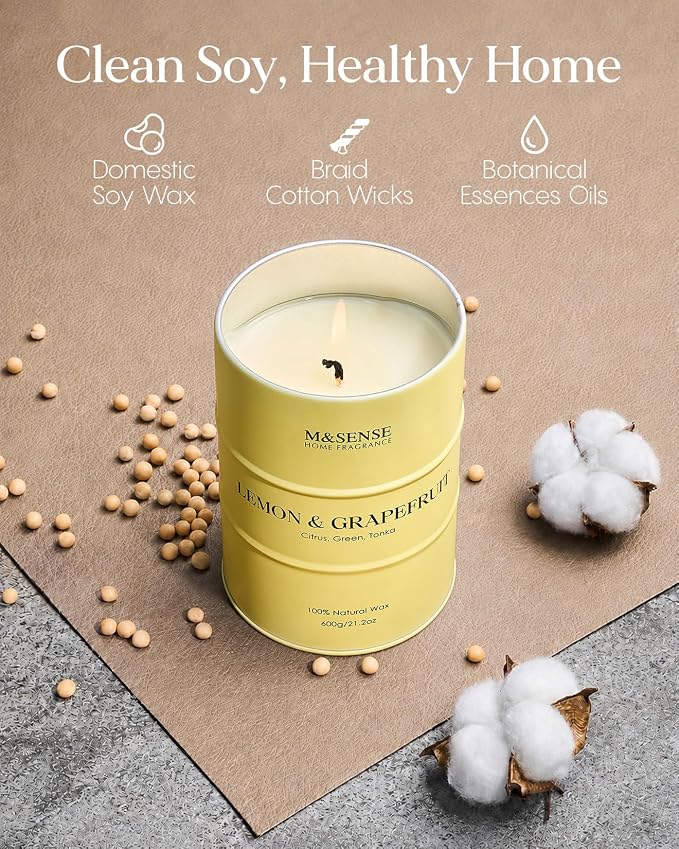 M&SENSE Lemon Candle Large for Home Scented, Lemon Soy Candles 21.2oz 120 Hour Slow Burning, Highly Scented Limoncello Grapefruit Citrus Candles for Bathroom, Fresh Smelling Candle