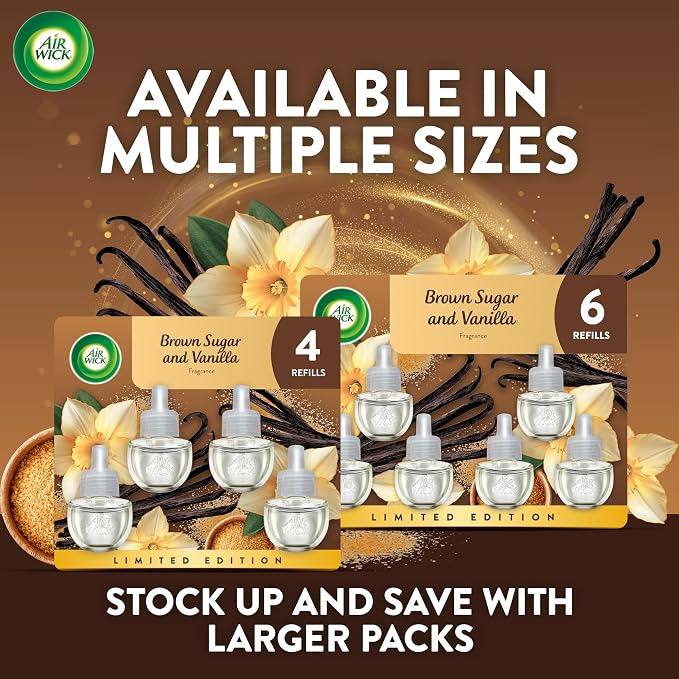 Air Wick Plug-In Scented Oil Refills, 6 Count, Brown Sugar and Vanilla, Air Freshener, Essential Oils