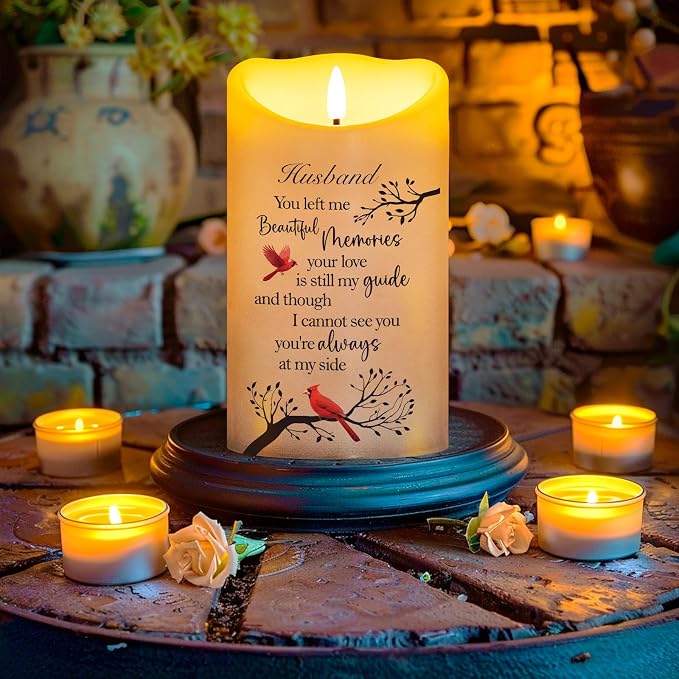 Flameless Memorial Candle for Loss of Husband, Real Wax LED Light with Remote Sympathy Bereavement Gifts for Loss of Loved One Memorial Gifts for Loss of Husband Remembrance Gifts (4" x 7")