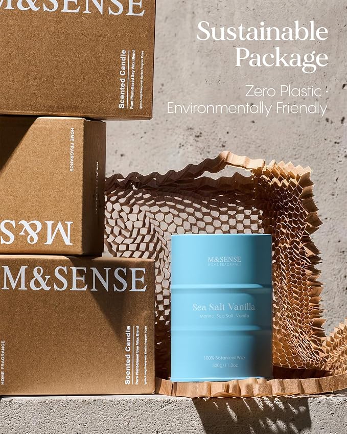 M&SENSE Sea Salt Vanilla Beach Scented Candles, Coastal Soy Candle, Summer Candle for Stress Relief Meditation Relaxing, Housewarming Gifts for Women Men, 11.3oz 70 Hour Long Burning