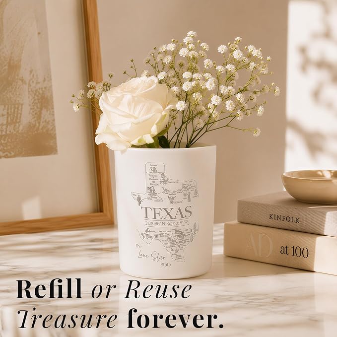 Texas Gifts Glow-Through Engraved Candle w/Teakwood, Tobacco & Rich Leather I Texas Decor for Home I Texas Souvenirs I Texas State Gifts I 9oz Jar, 50Hr Burn, USA Made