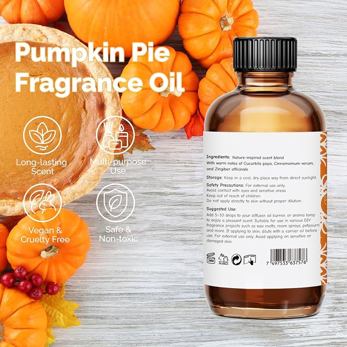 GM Gumili Pumpkin Pie Fragrance Oil 2 Oz, Natural Scent Oil for Home Essential Oils Diffuser, Candle Making, Soap Making, DIY Body Oils, Perfume, Body Mist, Spray - Fall Scent