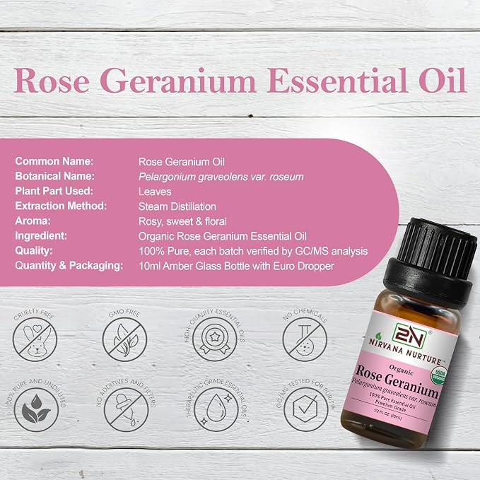 Rose Geranium Essential Oil, USDA Certified Organic, 100% Pure Undiluted, Aromatherapy Oil for Diffuser, Hair & Skin Care
