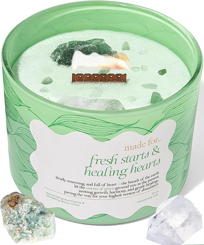 Green Crystal Candle for Women – Spring Season Home Decor, 12oz Large Luxury Crackling Wood Wick with Soy Wax, Slow Burn Meditation with Real Crystals and Healing Stones