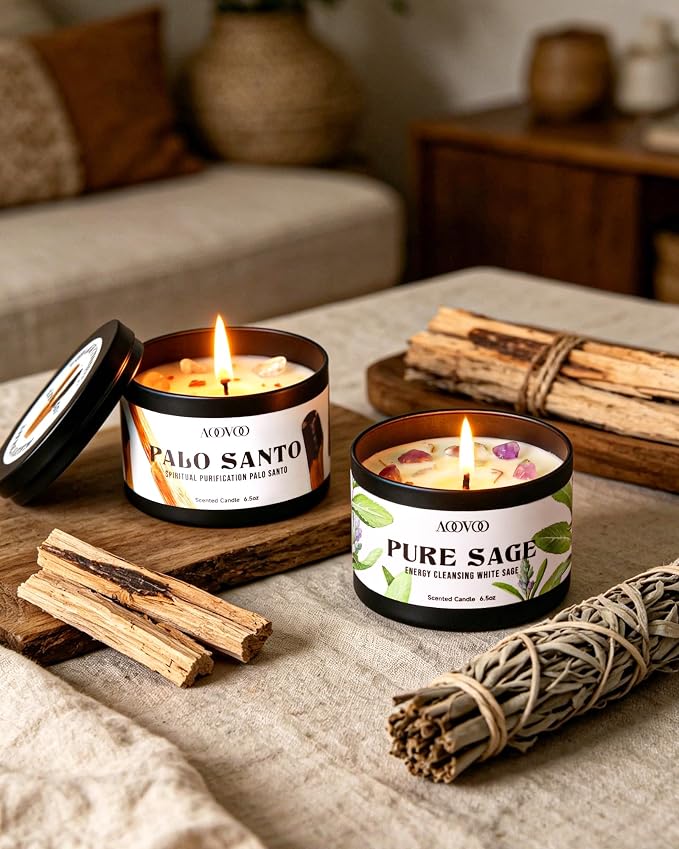 AOOVOO 4 Pack Sage Candles - 2 Sage & 2 Palo Santo Candle Set with Crystals & Decor, 26oz 200 Hours Long Lasting, Non Toxic Candles for Spiritual House Energy Cleansing