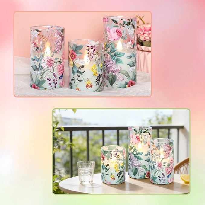 Floral Flameless Candles with Remote Timer, Pink Rose and Lilac Pattern LED Glass Candles, Battery Operated for Home Party Wedding Christmas Spring Valentine's Day Decor, Set of 3
