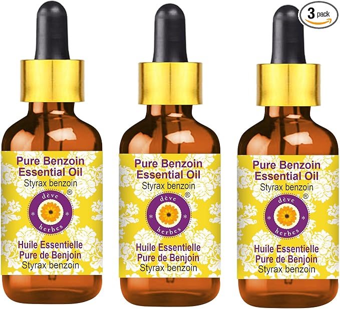 Deve Herbes Pure Benzoin Essential Oil (Styrax Benzoin) with Glass Dropper Steam Distilled (Pack of Three) 100ml X 3 (10 oz)