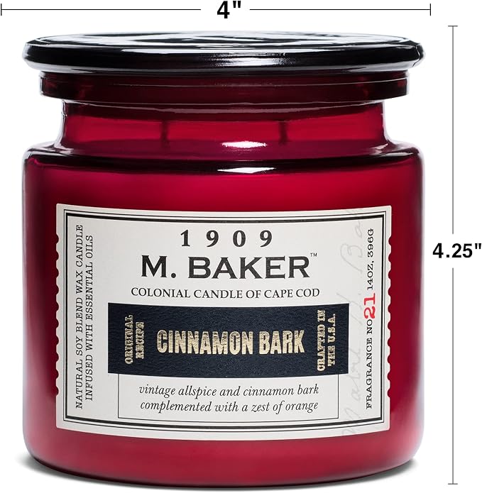 Colonial Candle Cinnamon Bark Scented Jar Candle | 2-Wick Natural Soy Blend Wax Candle for Home | Relaxing Aromatherapy Candle Infused with Essential Oils | M. Baker Apothecary Glass Jar Candle