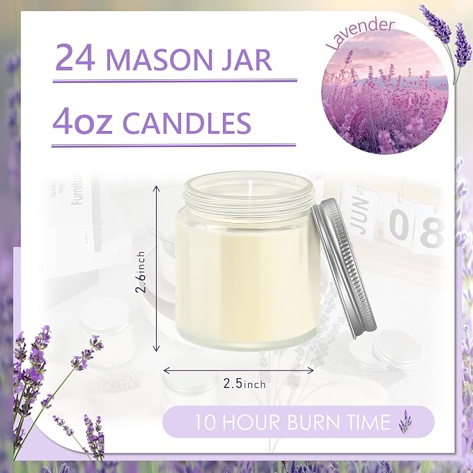 24 Pcs 4 Oz Mason Jar Candles, Lavender Scented Soy Candles Bulk Set for Stress Relief and Relaxation, Great Favors for Wedding, Christmas, Housewarming Gifts (Silver, Lavender, 24)
