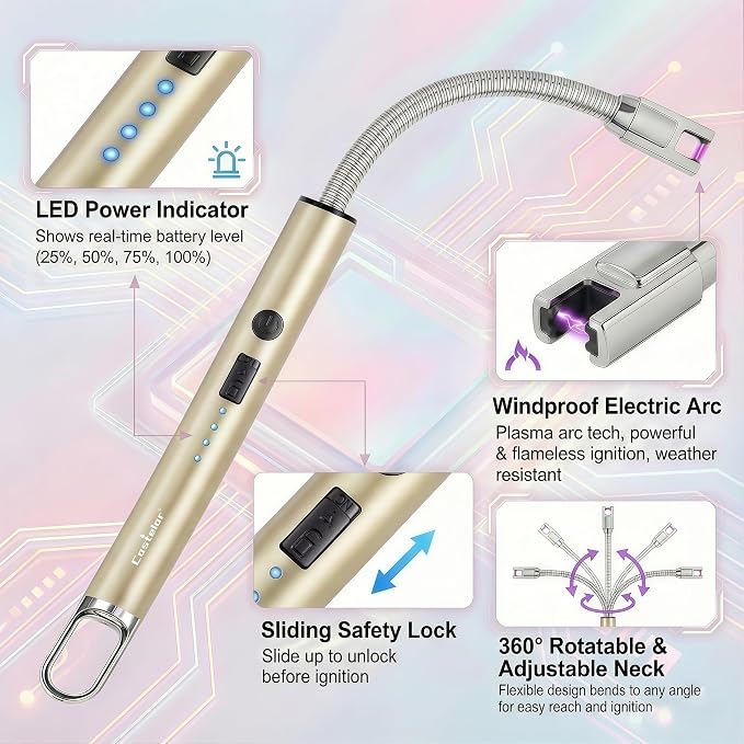 Castelar Electric Candle Lighter with Long Flexible Neck, USB Rechargeable Arc Lighter with Safety Lock for Candle, BBQ, Camping, Housewarming, and Birthday Gifts