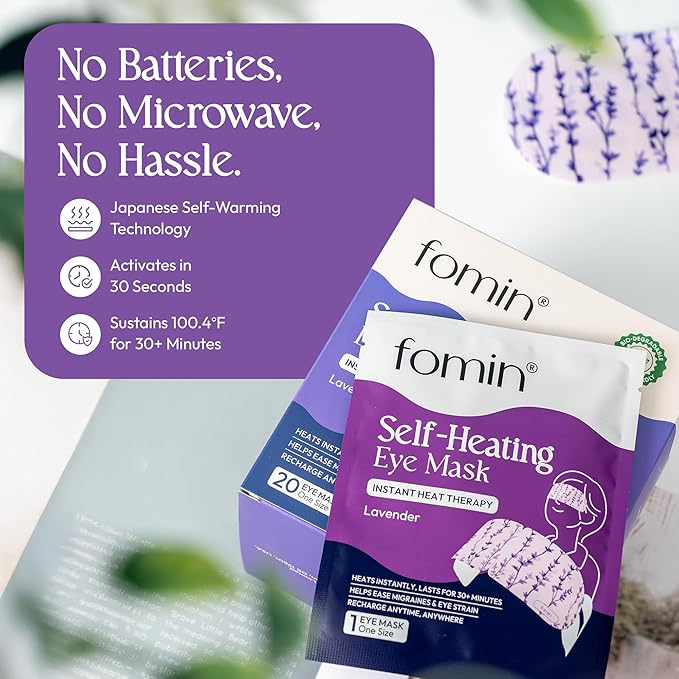 Fomin Steam Eye Mask - 20 Pack - Lavender - Self Heating Warm Compress for Dry Eyes, Puffy Eyes & Dark Circles, Disposable Sleep Mask for Home, Spa, Travel Essentials & Relaxation Gifts for Women