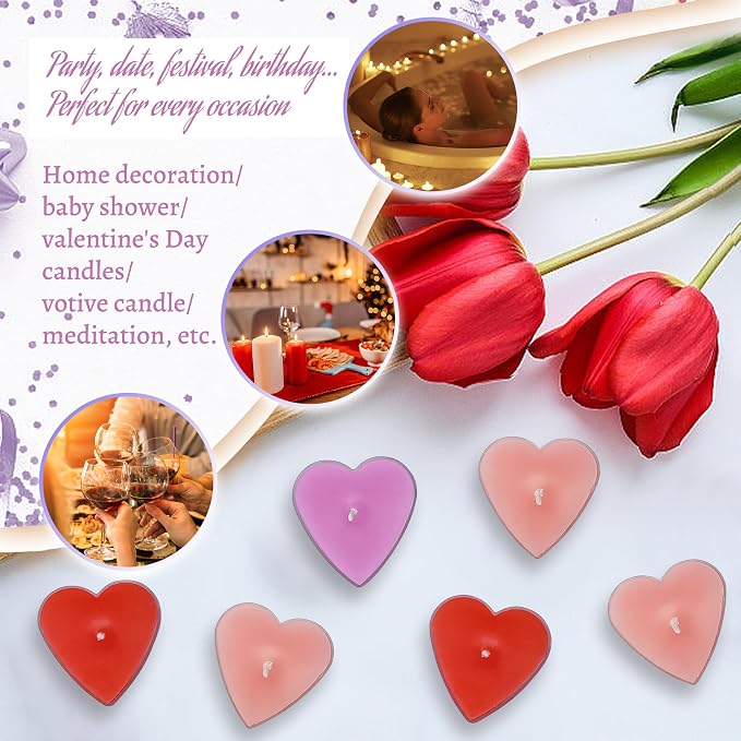 Violet Scented Heart Tealight Candles, Purple Scent Tea Lights Candles Clear Cup, 24 Pack Colored Tealights Candle, 4 Hour Burn Time Tea Candles for Weddings Romantic Valentine's Day Decor