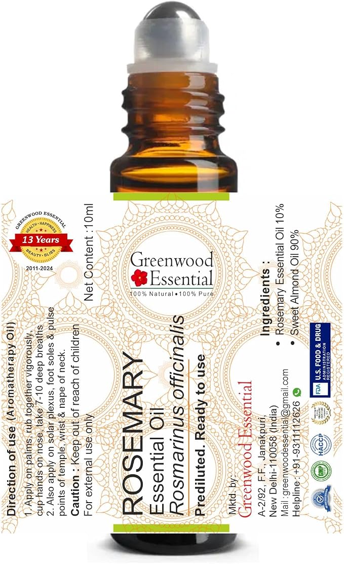 Greenwood Essential Rosemary Essential Oil (Rosmarinus officinalis) Pre Diluted Ready to Use Roll-on Blend for Aromatherapy and Topical Skin Application for Kids and Adults 10ml (0.33 oz)