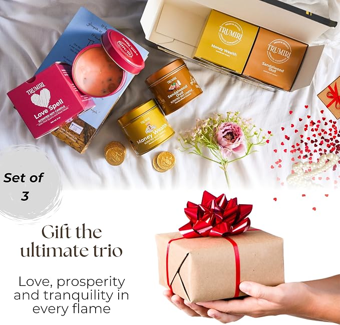 Love Spell, Money Wealth, Sandalwood Oud - Soy Candles Non Toxic - Highly Scented Long Lasting with Essential Oils - Variety Pack of 3 x 5oz - for Home Aromatherapy Meditation Gift Travel