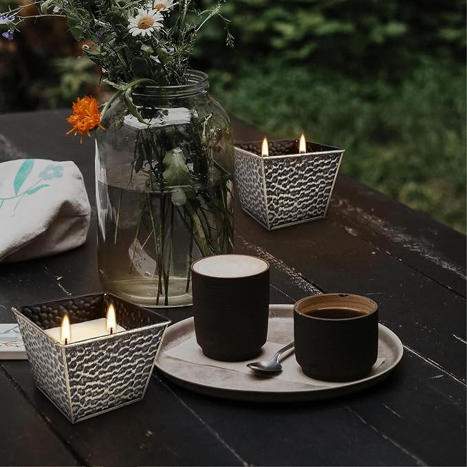 Citronella Candles 4 Pack - 2 Wicks Outdoor & Indoor Ambience Candles Vintage Hammered Metal Jar, Smokeless Clean Burning, Summer Gift for Patio, Garden, Camping & Picnic