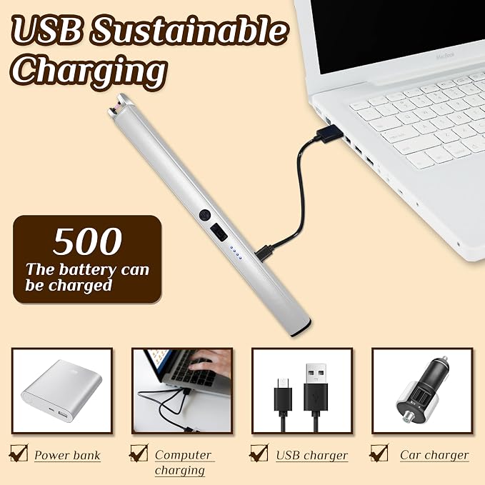 2 PCS Candle Lighter,Windproof Flameless Electric Lighter with LED Power Display ＆ Safety Switch, Upgraded Plasma USB Rechargeable Lighters for Birthday Camping BBQ (Silvery)