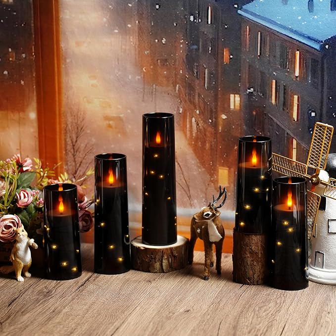 kakoya Flameless LED Candles with Timer 5 Pc Flickering Flameless Candles for Romantic Ambiance and Home Decoration Stable Acrylic Shell,with Embedded Star String,Battery Operated Candles（Black）