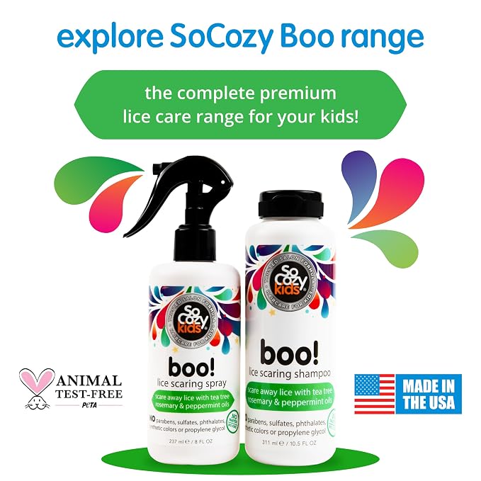 SoCozy Boo! Lice Scaring Shampoo For Kids Hair, Effective Lice Treatment (10.5 Fl Oz) Scare Away Lice with Tea Tree, Rosemary and Peppermint Oils, No Parabens, Sulfates, Synthetic Colors or Dyes