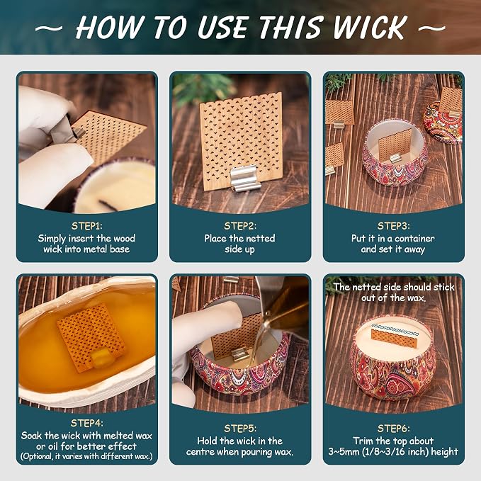10 Set Wood Candle Wick Grid Design Large Wooden Wick 1.6x1.8inch / 40x45mm (Width*Height), Natural Crackling Wood Wick Core with Iron Stands for Soy Candle Making Handmade Candles Supplies
