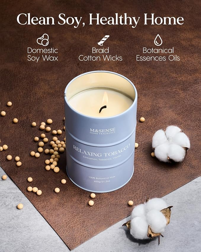 M&SENSE Vanilla Tobacco Scented Candles Large, Natural Soy Candles 21.2oz 120 Hour Slow Burning,Aromatherapy Candle for Stress Relief Meditation Relaxing