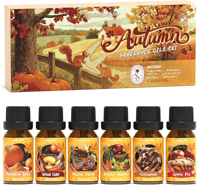 Soulorigin Autumn Fragrance Oils Set, Essential Oil for Diffuser, Fall Scent Diffuser Oil, Use for Soap Candle Making,Pumpkin Spice, Spiced Cider, Maple Syrup, Autumn Harvest, Cinnamon, and Apple Pie