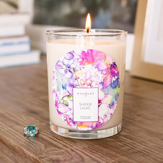 Kate Bissett Baubles Sheer Lilac Scented Premium Candle and Jewelry with Surprise Ring Inside | 18 oz Large Candle | Made in USA | Parrafin Free | Size 05