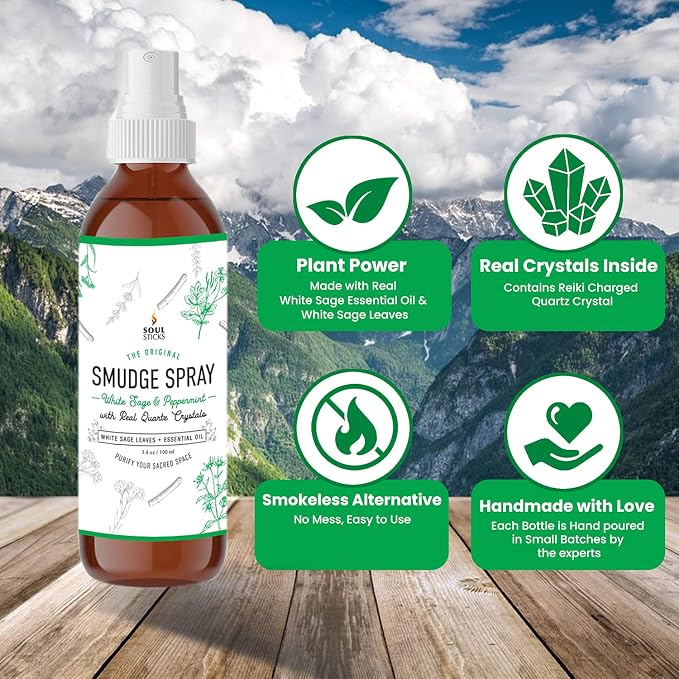 Soul Sticks Smudge Spray for Cleansing Negative Energy and Purifying Home | Made with White Sage and Quartz Crystals | 3.5 oz. Bottle (White Sage & Peppermint)