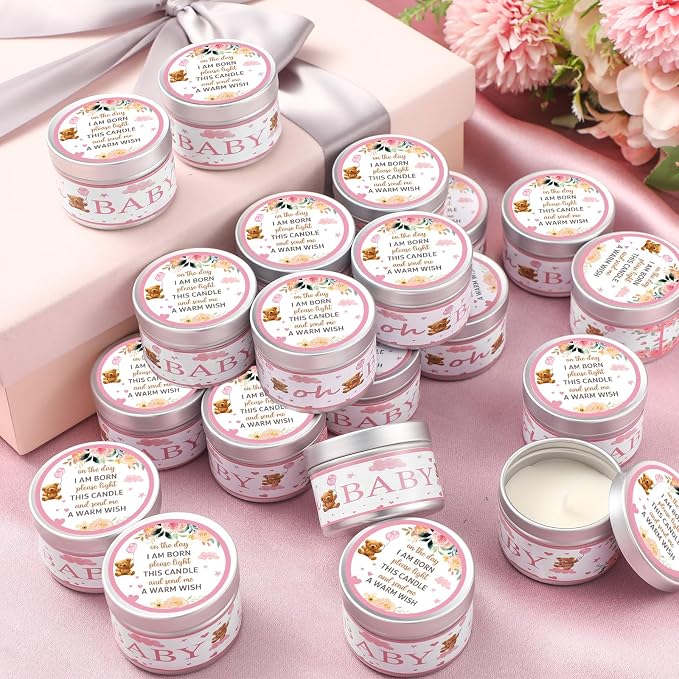 MTLEE 24 Pcs Bear Baby Shower Party Favors Candles Lavender Scented Baby Shower Favors for Guests Rustic Tealights Candles Gender Reveal Return Gifts (1.2 oz, Pink)