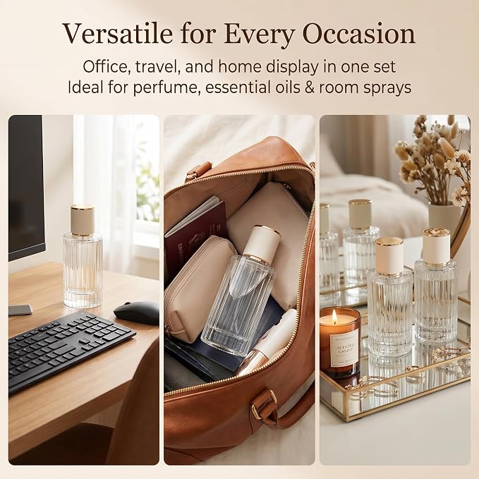 YU FENG 2 Pack Refillable Glass Spray Perfume Bottles, 100ML Clear Fine Mist Atomizer with Gold Rim & Cream Cap, Empty Portable Glass Essential Oil Spray Bottles for Travel, Home, DIY Fragrance