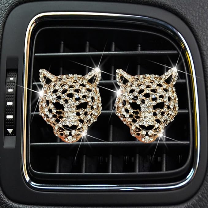 2 Pcs Golden Bling Leopard Air Fresheners, Crystal Car Diffuser Vent Clip Rhinestone Decoration for Women, Auto Accessories, Automotive Air Fresheners