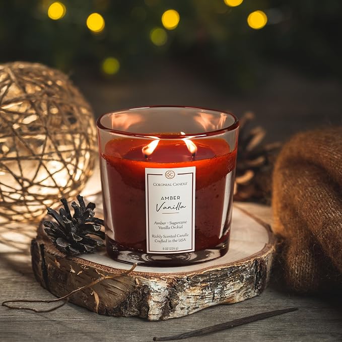 Colonial Candle Amber Vanilla Scented Candle, Highly Fragranced Candles for Home Scented, Mottled Wax Candle, 2 Wick, 8 oz - Made in the USA