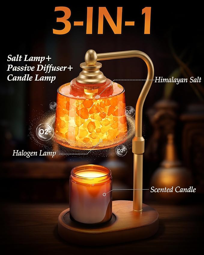 3-in-1 Candle Warmer Lamp with Timer Dimmable, Himalayan Salt Lamp & Passive Diffuser, Gifts for Women, House Warming Gifts, Wax Melt Warmer for Jar Candles (Gold)