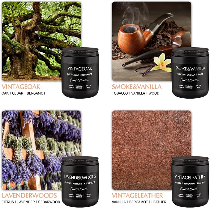 WPONSZU 4Psc Scented Candles Set,7oz Gifts for Men Aromatherapy,Soy Candle of Smokeless - Leather & Smoke, Vanilla Oakmoss, Lavender - Relaxing Fragrance for Home, Office, Yoga(Black)
