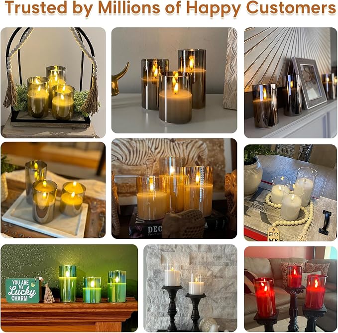 Eywamage Green Glass Flameless Pillar Candles with Remote, Flickering Spring Battery LED Candles Holiday Decor Set of 3