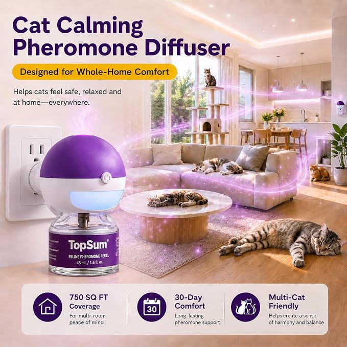 TopSum Cat Calming Pheromone Diffuser: Feline Pheromones Plug in for Stress, Alone At Home, Spraying, Fighting, Scratching, Aggression & Excessive Meowing (3 Diffusers + 3 Refills)