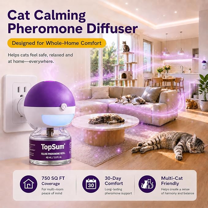 TopSum Cat Calming Pheromone Diffuser: Feline Pheromones Plug in for Stress, Alone At Home, Spraying, Fighting, Scratching, Aggression & Excessive Meowing (Purple– 1 Refill)