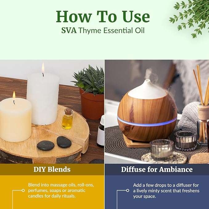 SVA Thyme Essential Oil 4 Fl Oz – for Aromatherapy, Diffuser, Skin & Hair Care – Ideal for Massage & DIY Blends – with Dropper