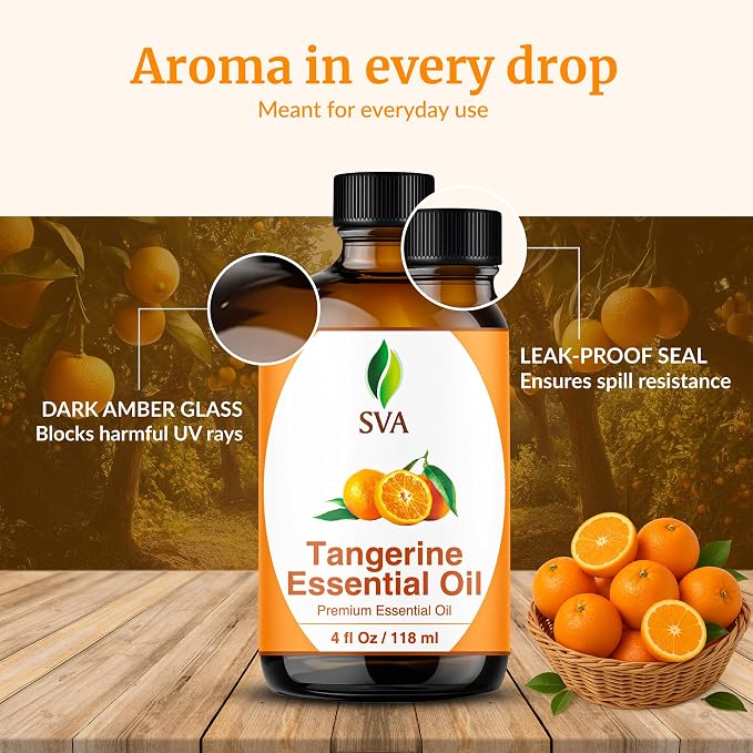 SVA Tangerine Essential Oil 4 Fl Oz – for Aromatherapy, Diffuser, Skin & Hair Care – Ideal for Massage & DIY Blends – with Dropper