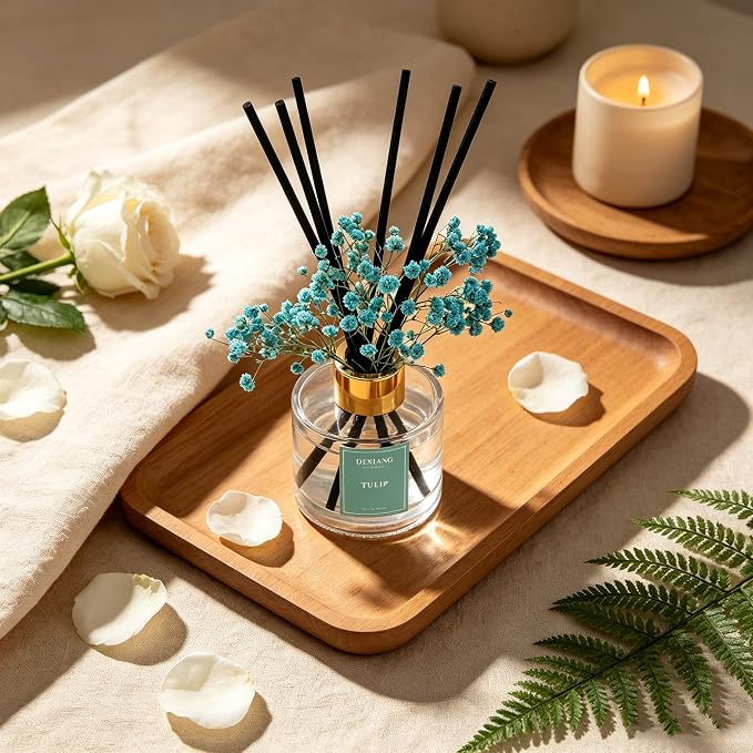 Reed Diffuser Set, 3.38 fl oz (100ml) Tulip Scent Oil Diffuser with 6 Reed Sticks, Natural Home Fragrance Reed Diffuser for Bathroom, Bedroom, Living Room Shelf Decor